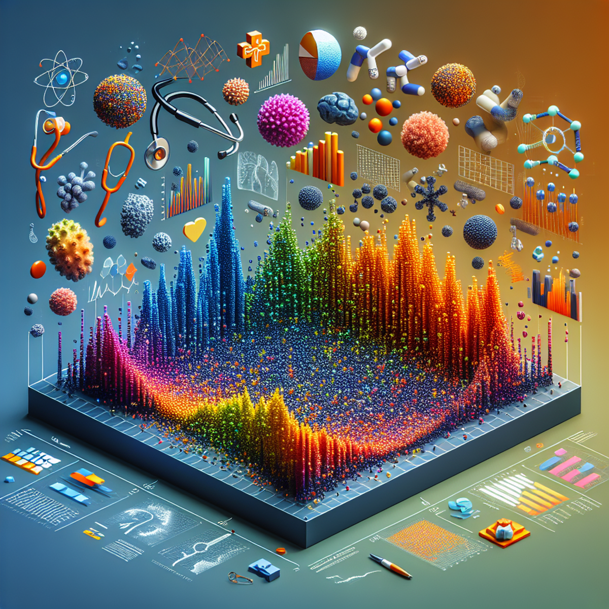 A vibrant three-dimensional graph with scattered data points and a backdrop of public health symbols.