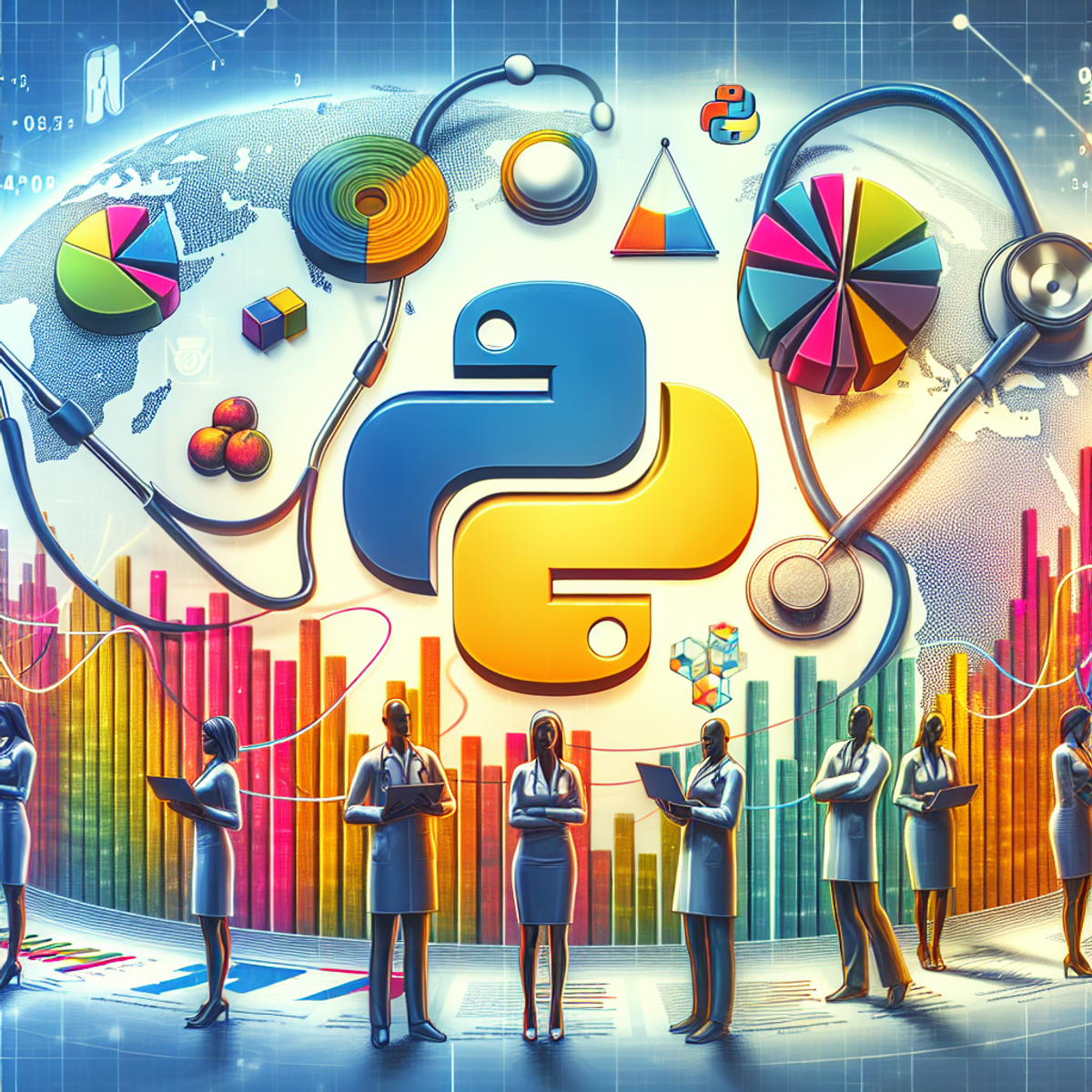 A group of diverse individuals using Python programming for public health analytics, with symbolic representations such as the Python logo, health symbols, and graphical data analyses.