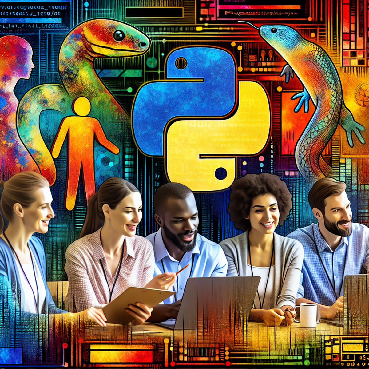 A group of diverse individuals collaborating on data analysis, with colorful Python logos in the background.