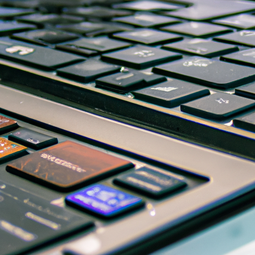 "A close-up view of an island style keyboard on a sleek laptop, with other types of laptops like a chromebook, notebook and gaming laptop faintly visible in the background."