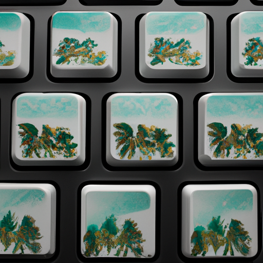 A keyboard with tropical island-themed keycaps and a palm tree pattern in the background.