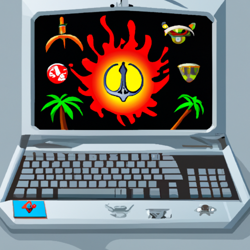 "A sleek gaming laptop with an island-style keyboard prominently displayed, surrounded by symbols of victory and defeat."