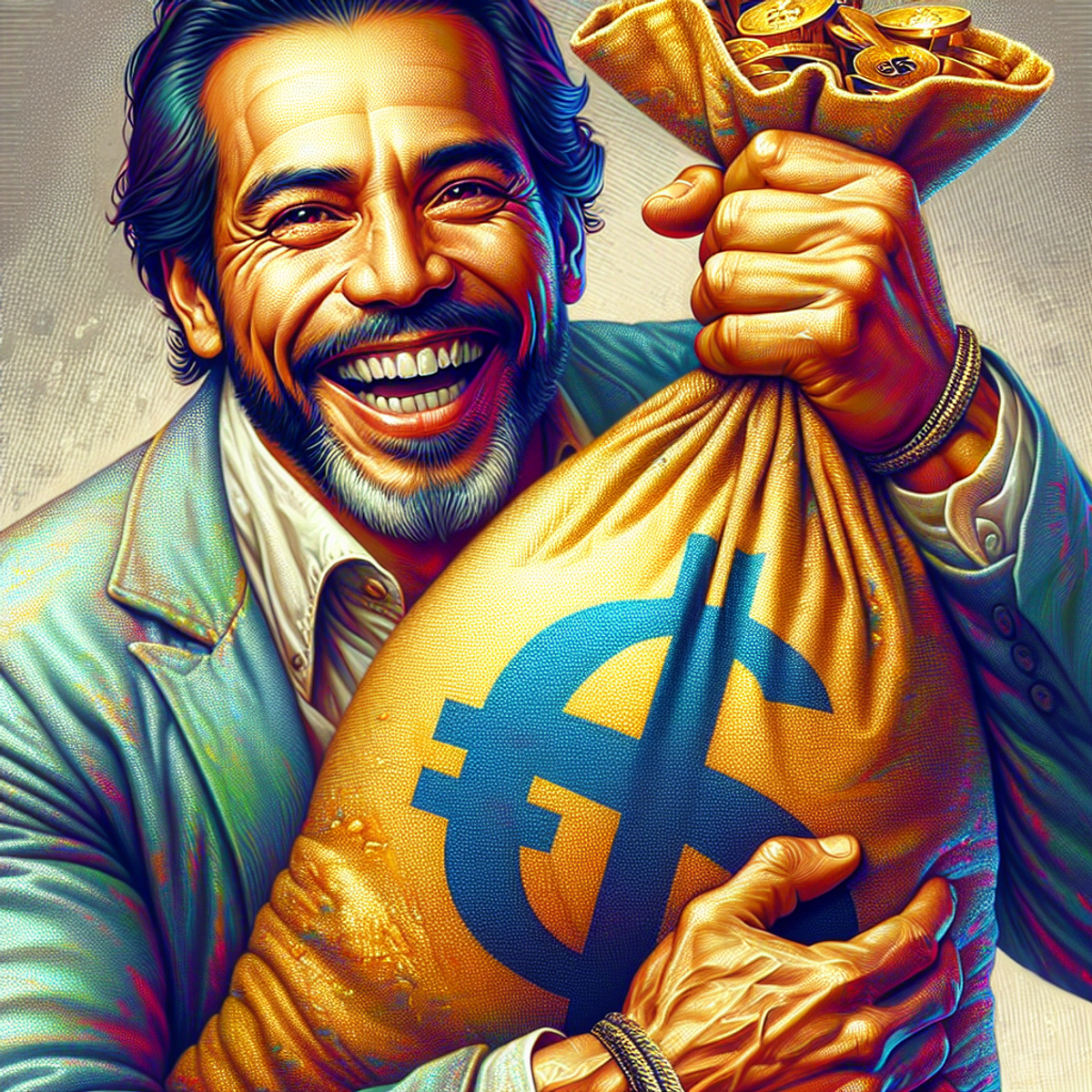 A Hispanic man grinning broadly, holding a bulging bag heavy with gold coins, emblazoned with a dollar sign to signify prosperity.