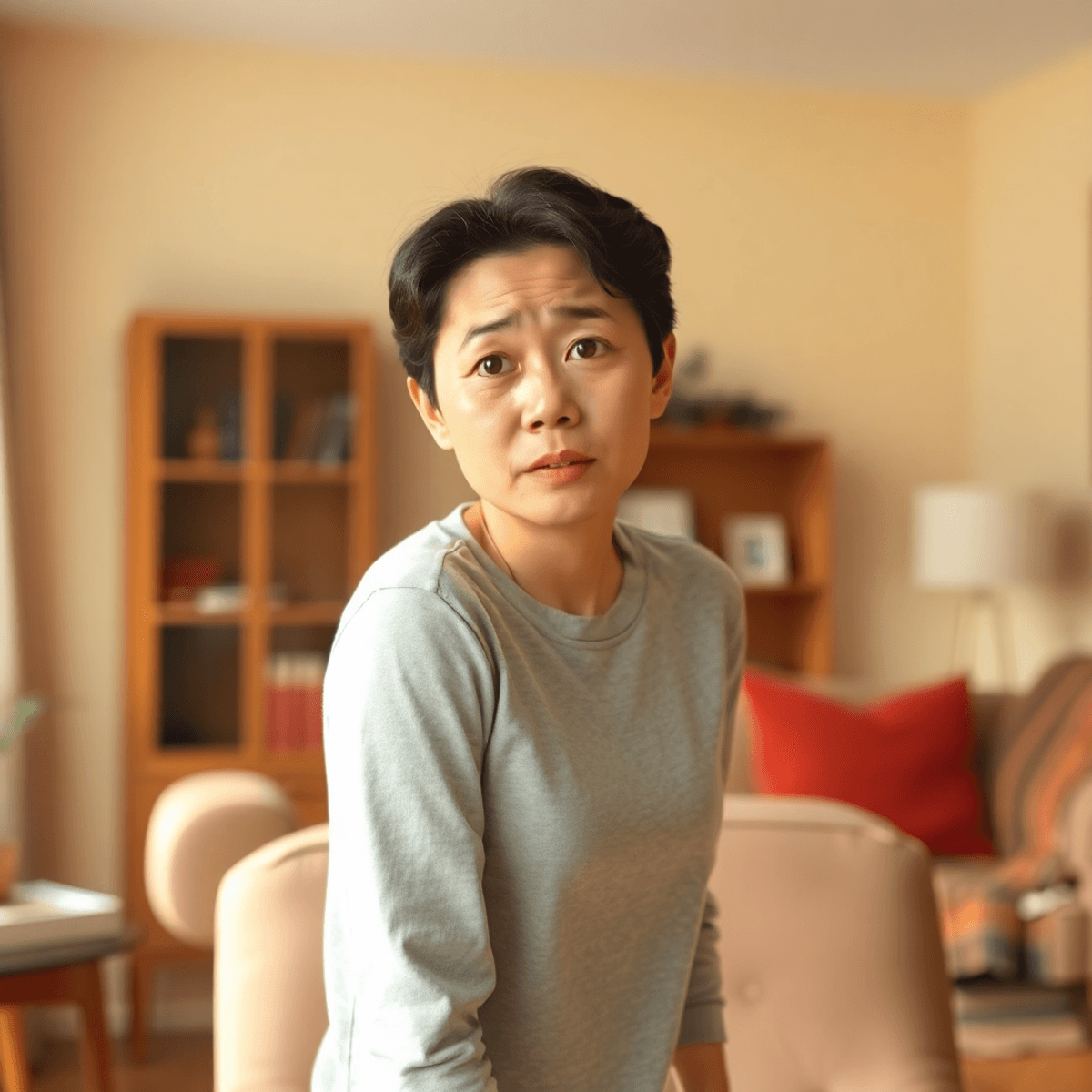 A person standing from a chair with a concerned expression, looking slightly dizzy in a bright, cozy living room setting.