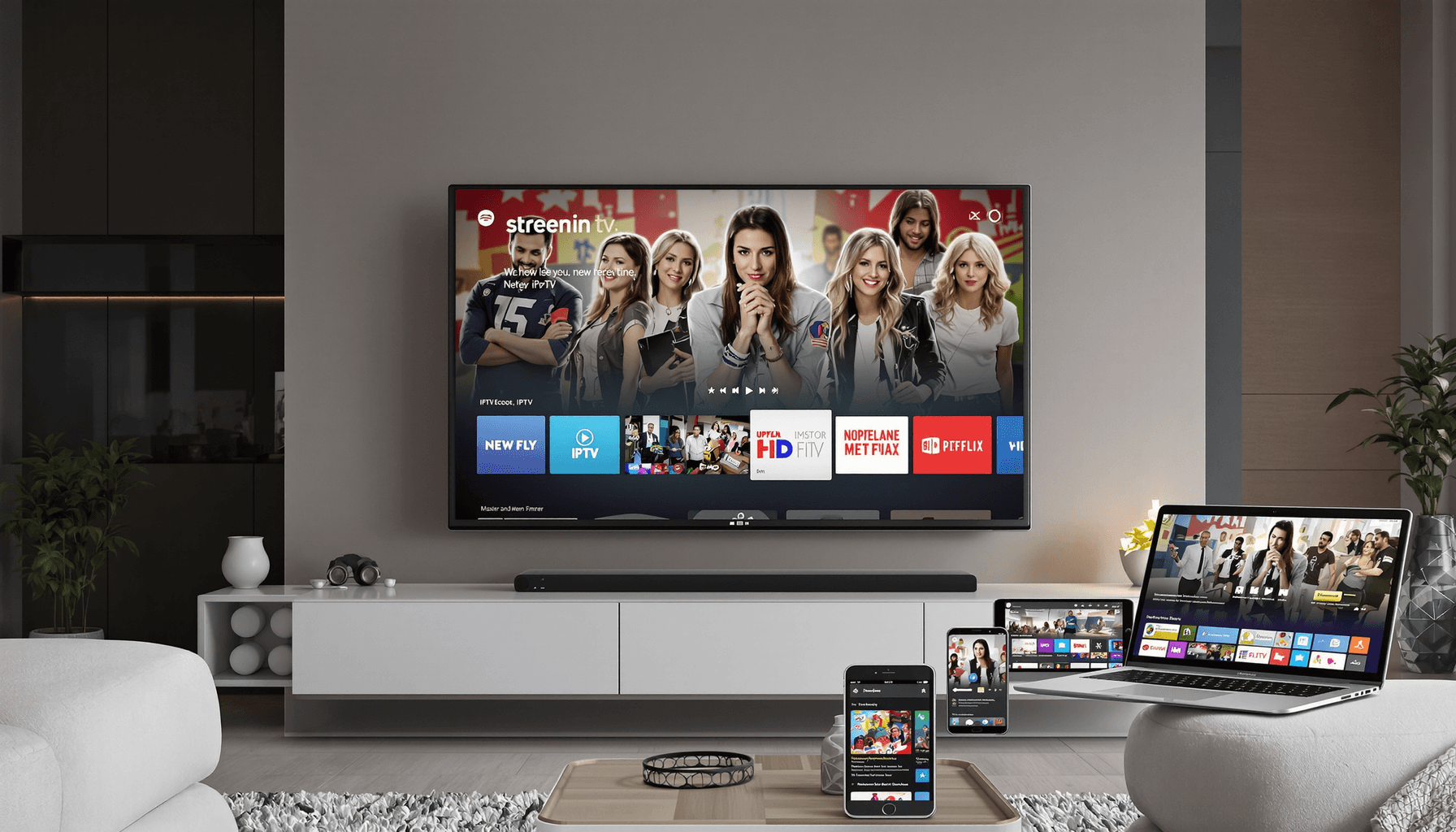 Modern living room with a large flat-screen TV and multiple devices displaying colorful IPTV content icons, highlighting flexible entertainment options.