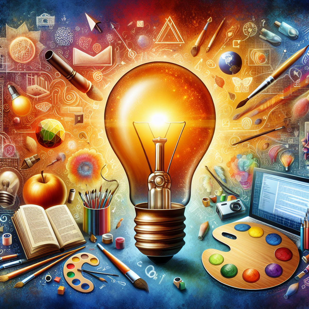 A vibrant, colorful image with a light bulb at the center, surrounded by an open book, painter's palette and brushes, and a computer screen showing a web search or coding interface.