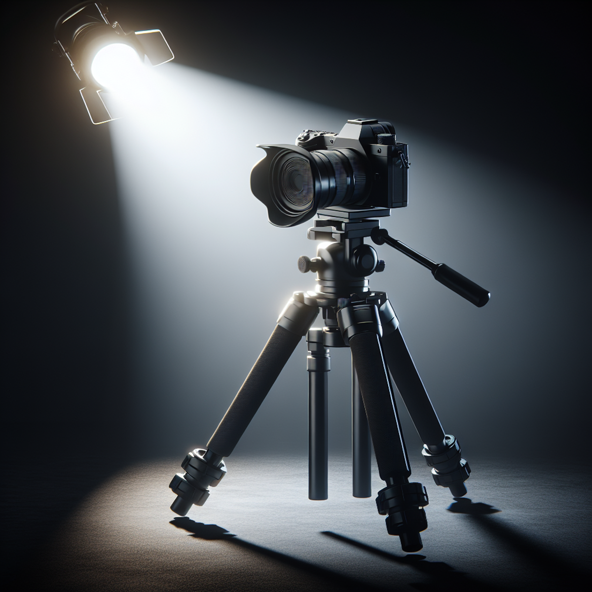 A professional camera mounted on a sturdy tripod under a bright spotlight.