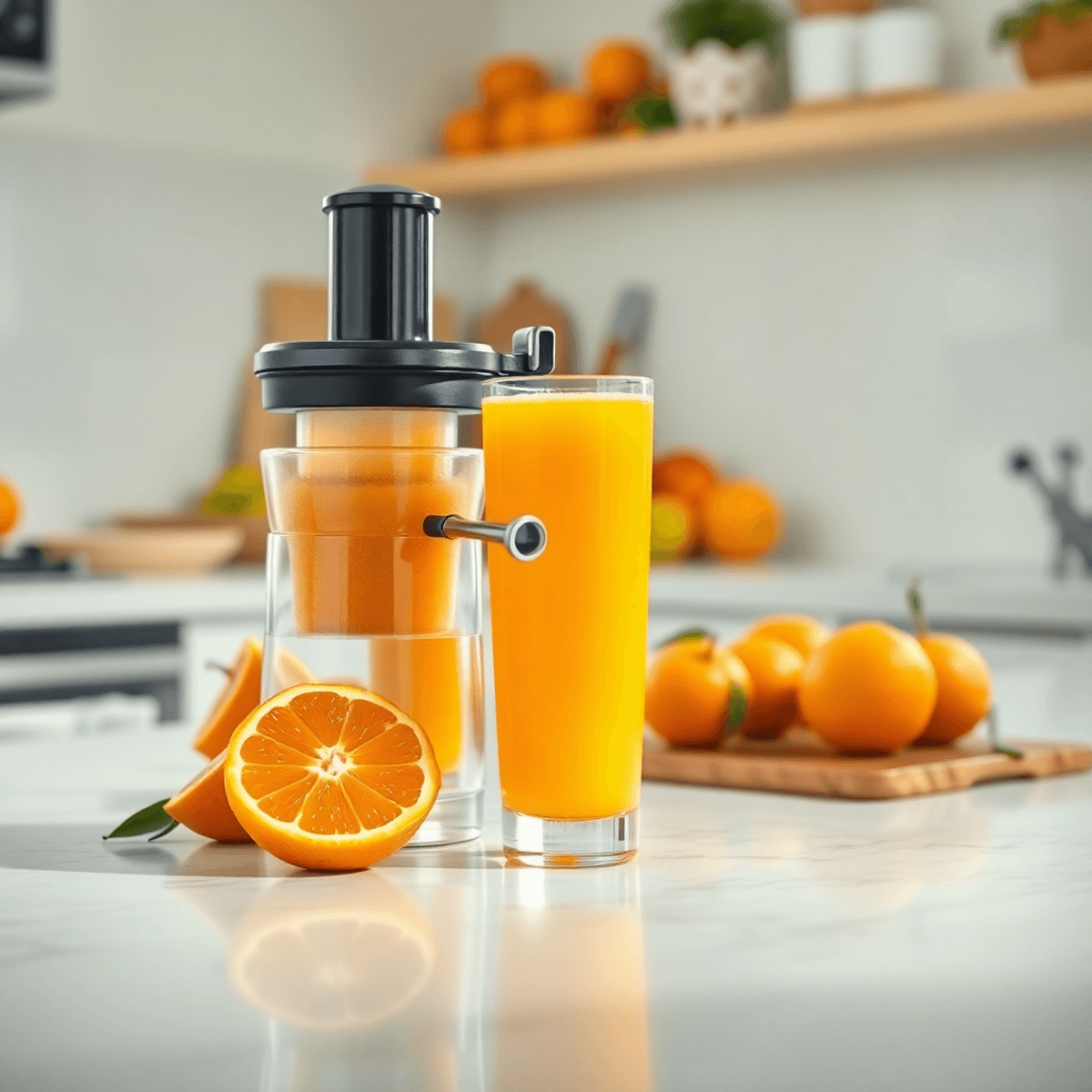 A bright kitchen with a manual orange juicer, fresh oranges, and a glass of freshly squeezed orange juice, showcasing vibrant colors and a sense of health.