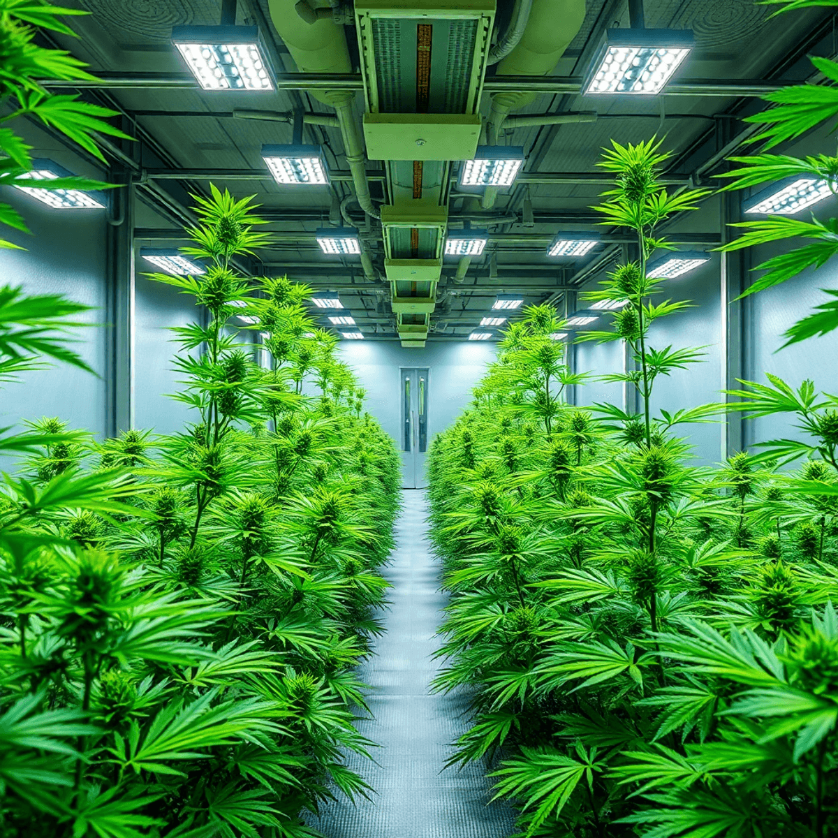 Indoor cannabis farm with healthy green plants under bright LED lights in a modern, clean cultivation facility.