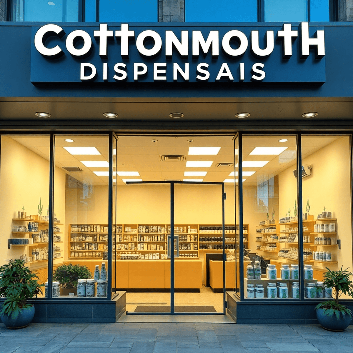 Bright modern cannabis dispensary storefront with clear "Cottonmouth Dispensary" sign and quality products visible through large windows.