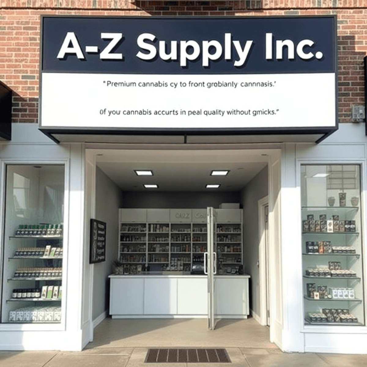 Bright cannabis dispensary storefront with clear "A-Z Supply Inc." sign, showcasing neatly displayed premium products inside in a clean, inviting setting.