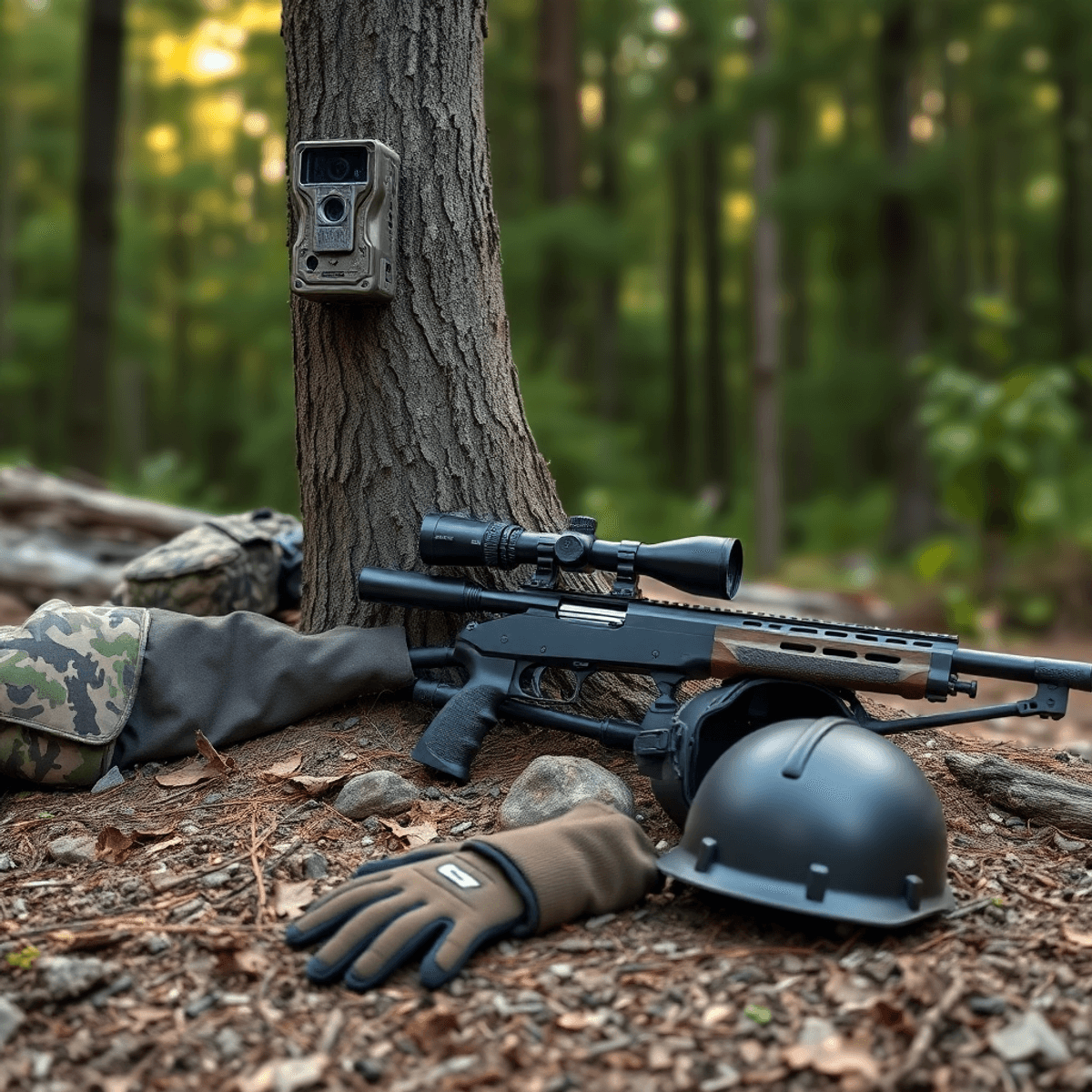 Hunting gear including camouflage clothing, trail camera on tree, rifle optics, helmet, and gloves arranged on forest floor with sunlight filtering through dense trees.