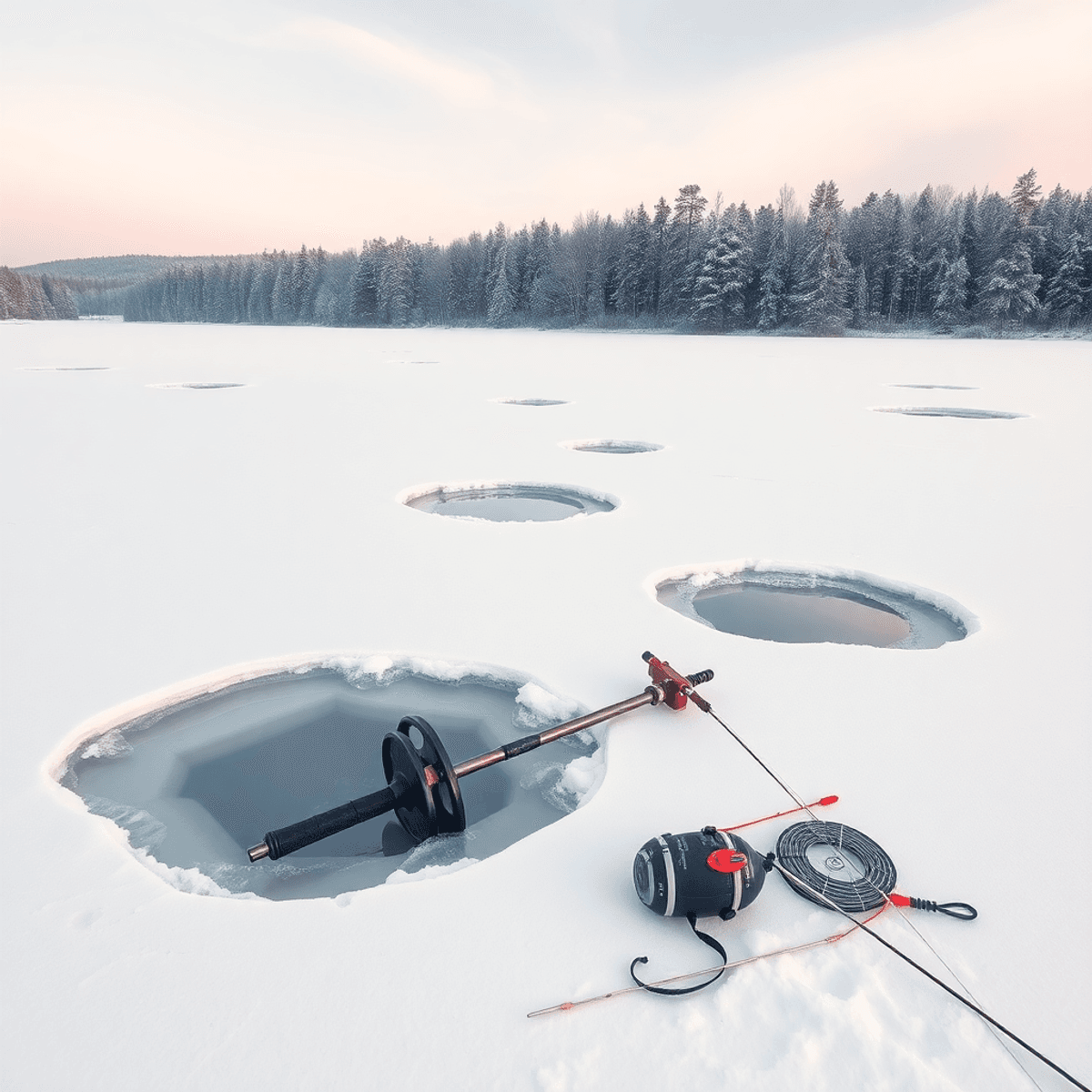 Frozen lake with clear ice holes, snow-covered trees, pale sky, and ice fishing gear resting on the ice in a peaceful winter landscape.