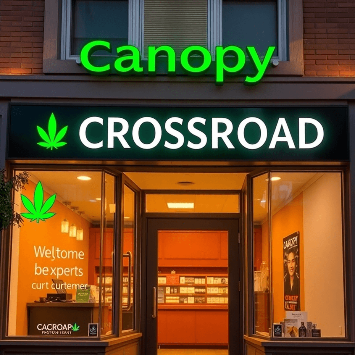 Bright cannabis dispensary storefront "Canopy Crossroad" with green leaf symbols, warm lighting, and a welcoming, community-focused atmosphere in Red Bank, NJ.