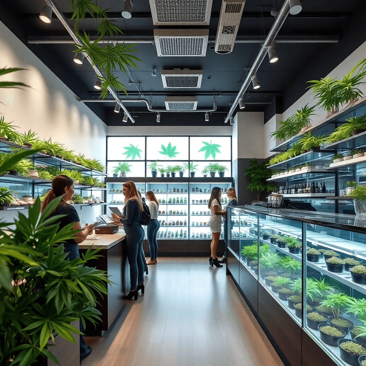 Bright, modern cannabis dispensary interior with green plants, sleek displays, and female staff assisting customers in a welcoming, community-focused setting.
