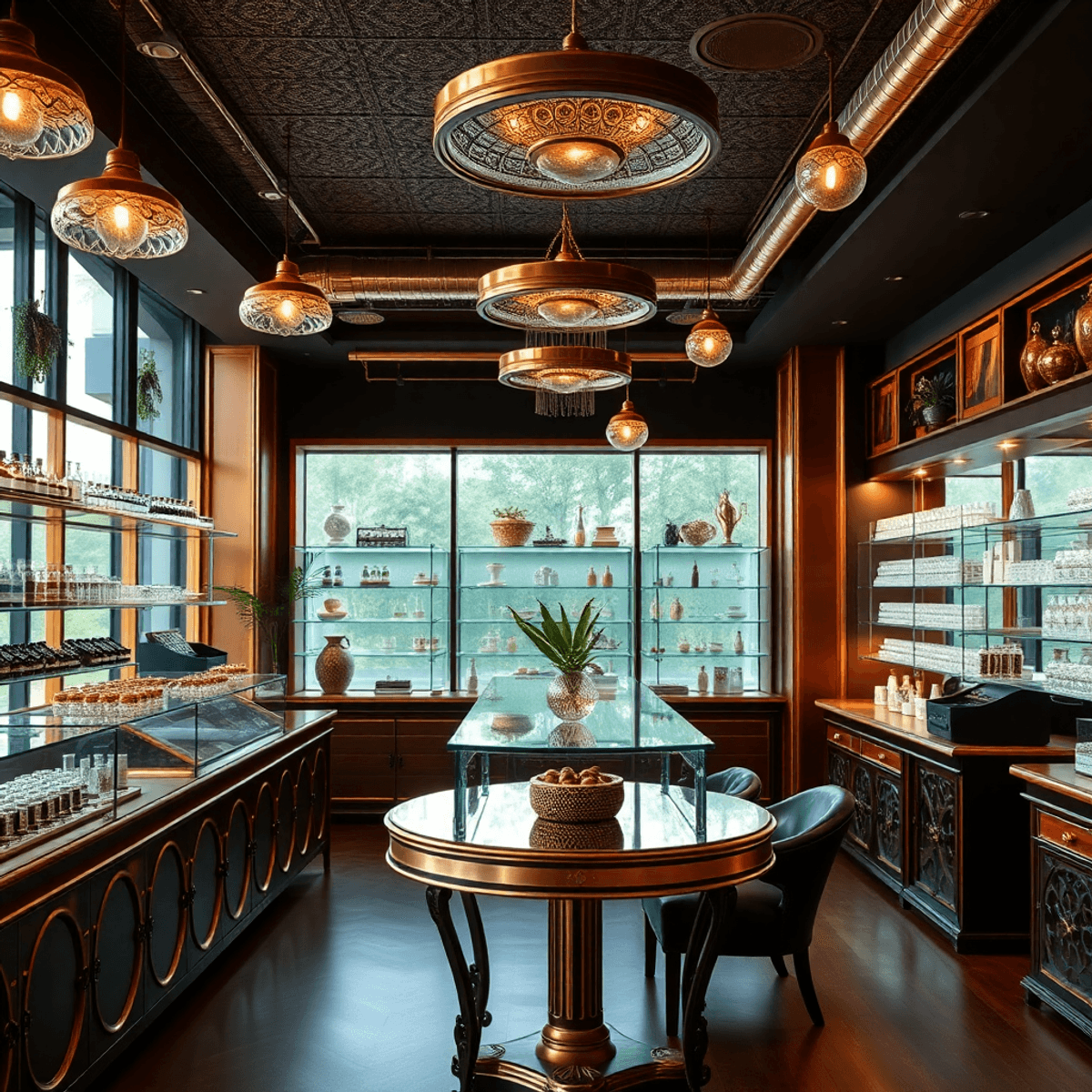 Elegant cannabis dispensary interior with copper and gold accents, vintage 1920s decor, and a sophisticated upscale atmosphere.