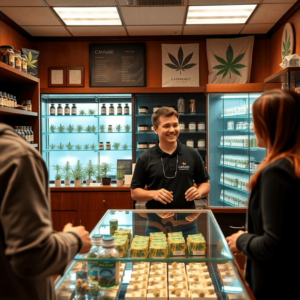 Cozy cannabis dispensary interior with neatly displayed products and a friendly staff member assisting a customer in a warm, family-operated store.