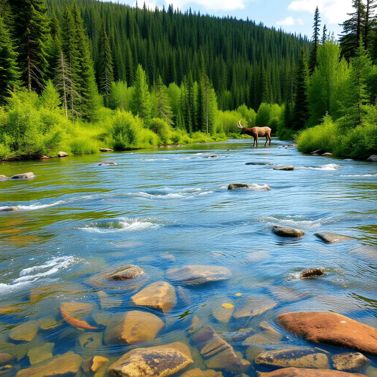 A clear river flowing through a green forest with fish visible in the water and an elk grazing nearby, highlighting wildlife conservation.