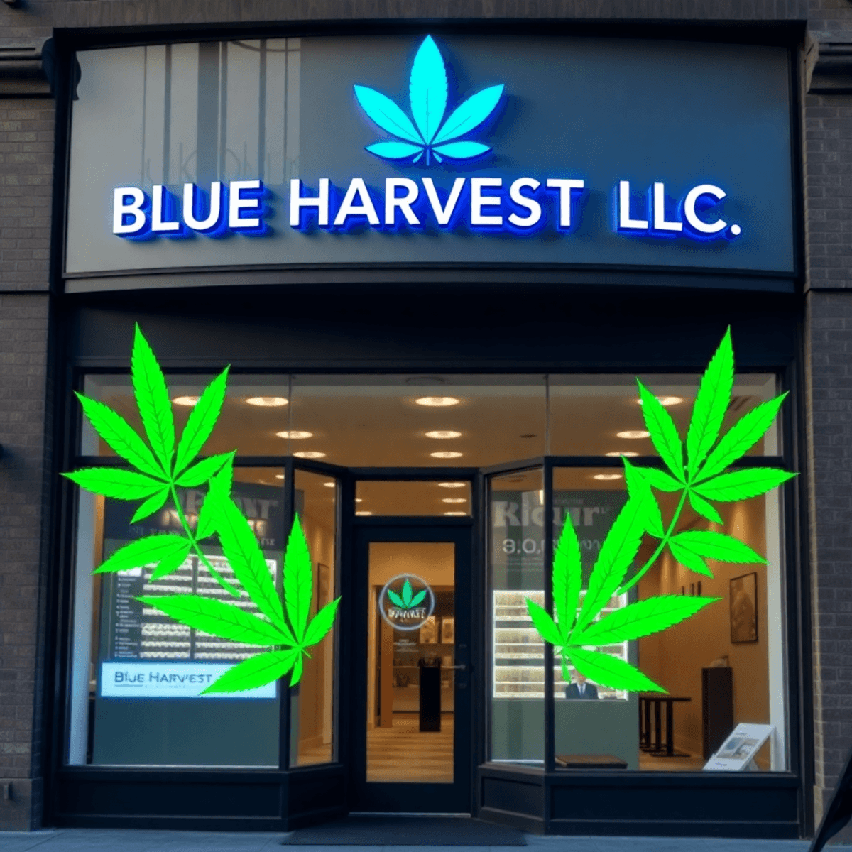 Modern cannabis dispensary storefront with "BLUE HARVEST LLC" signage, green cannabis leaves, quality symbols, in a clean urban setting.