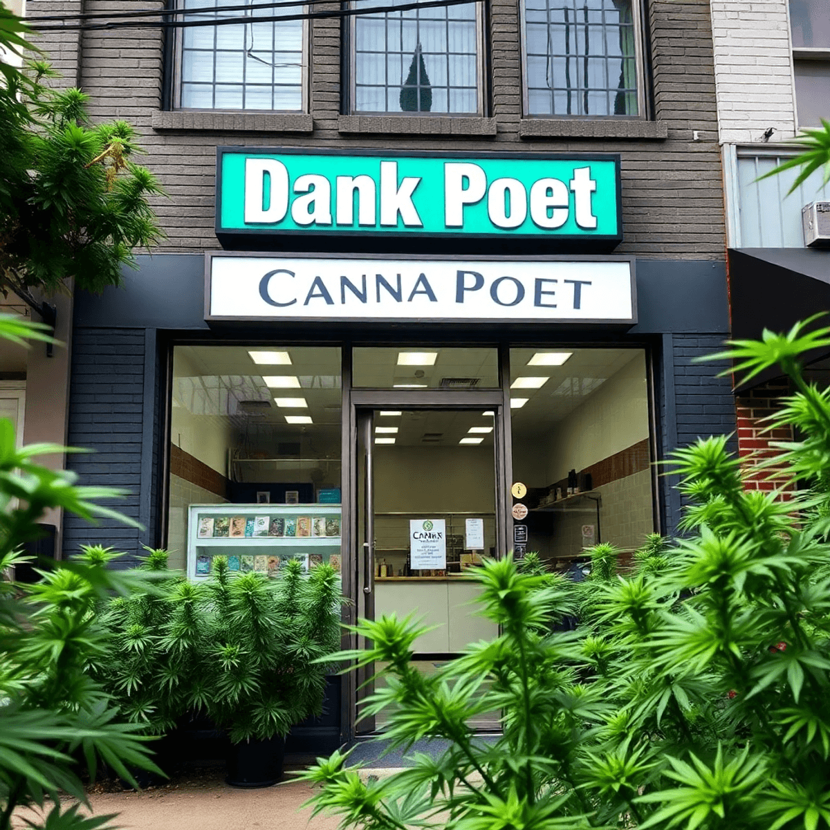 Bright cannabis dispensary storefront "Dank Poet" with lush green plants, modern design, and welcoming atmosphere in a New Jersey neighborhood.