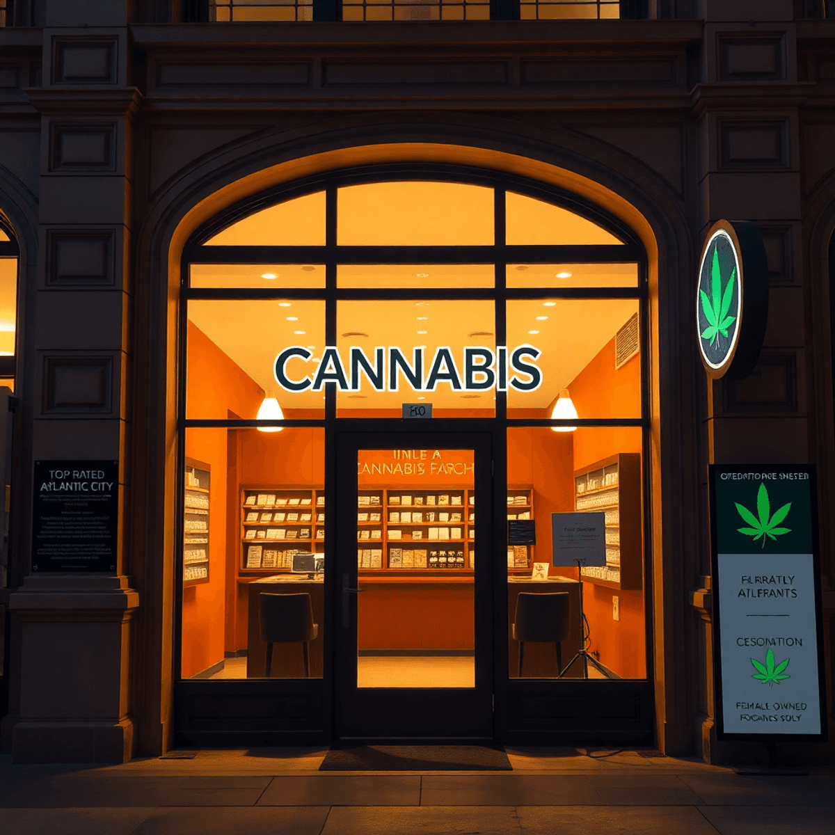 Modern cannabis dispensary inside historic hotel with warm lighting, subtle leaf symbols, stylish decor, and signage highlighting a top-rated female-owned Atlantic City location.