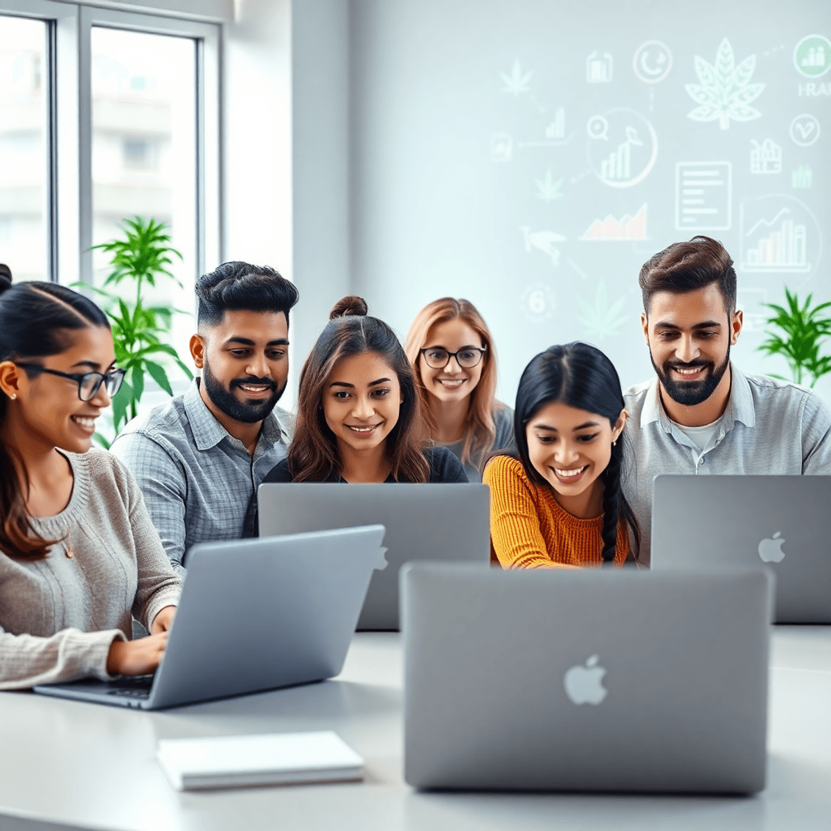 Students studying hemp cultivation online with laptops, digital cannabis plant icons, and educational graphics in a bright, modern learning environment.