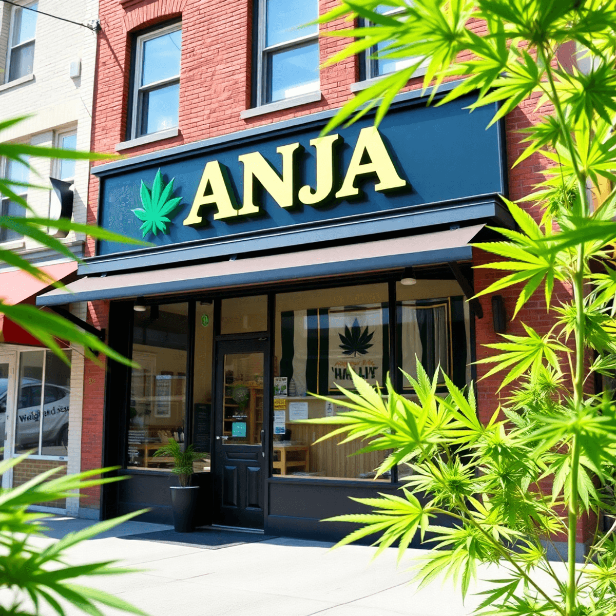 Modern cannabis dispensary storefront with vibrant "ANJA" signage, surrounded by lush green leaves in a sunny urban Highland Park setting.