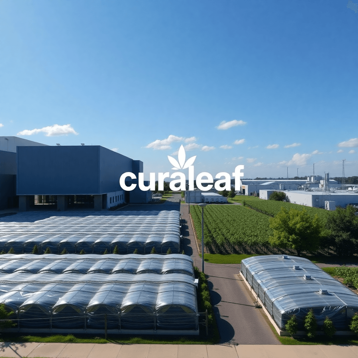 Exterior of a modern cannabis cultivation facility with greenhouses and processing buildings, Curaleaf logo visible, under a clear sky in a suburban New Jersey area.