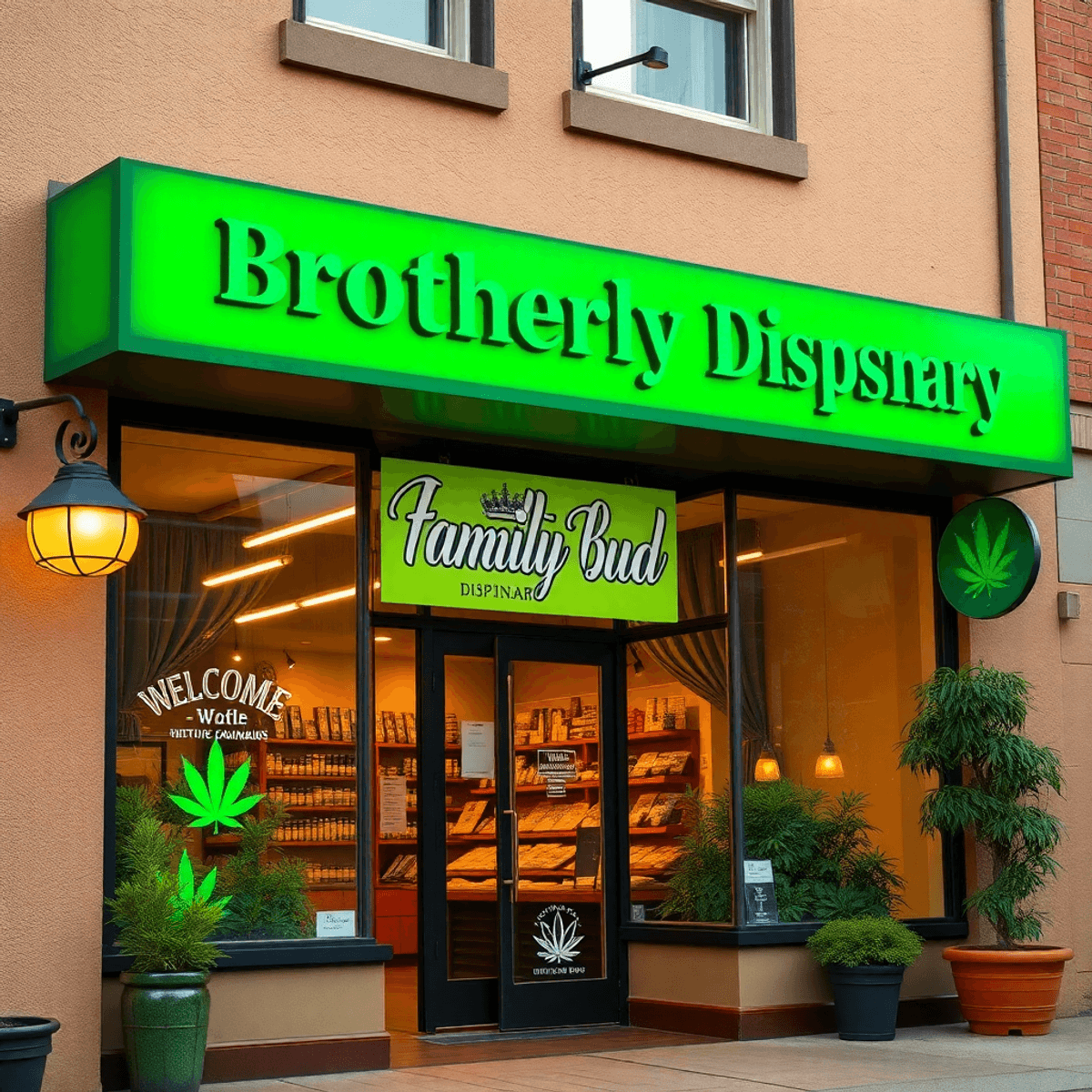 Front view of a cozy cannabis dispensary with green decor, a "Brotherly Bud Dispensary" sign, and a faint New Jersey state outline behind the storefront.