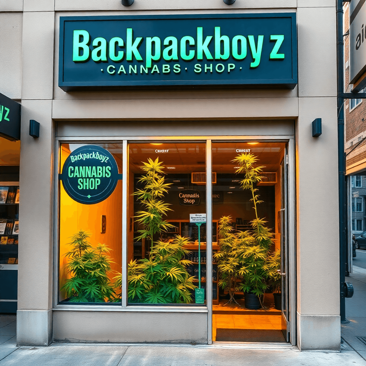 Front view of a vibrant cannabis dispensary with green plants inside, a stylish "Backpackboyz Cannabis Shop" sign, warm lighting, and a subtle cityscape background.