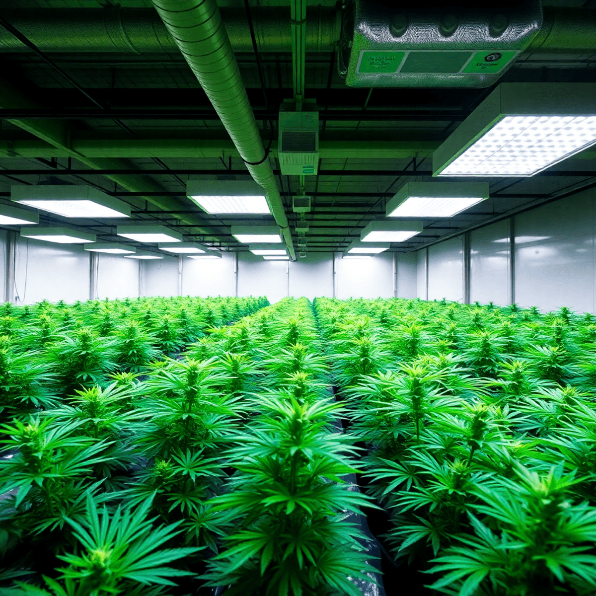 Indoor cannabis farm with lush green plants under bright grow lights, showcasing a modern and artisanal cultivation setup.