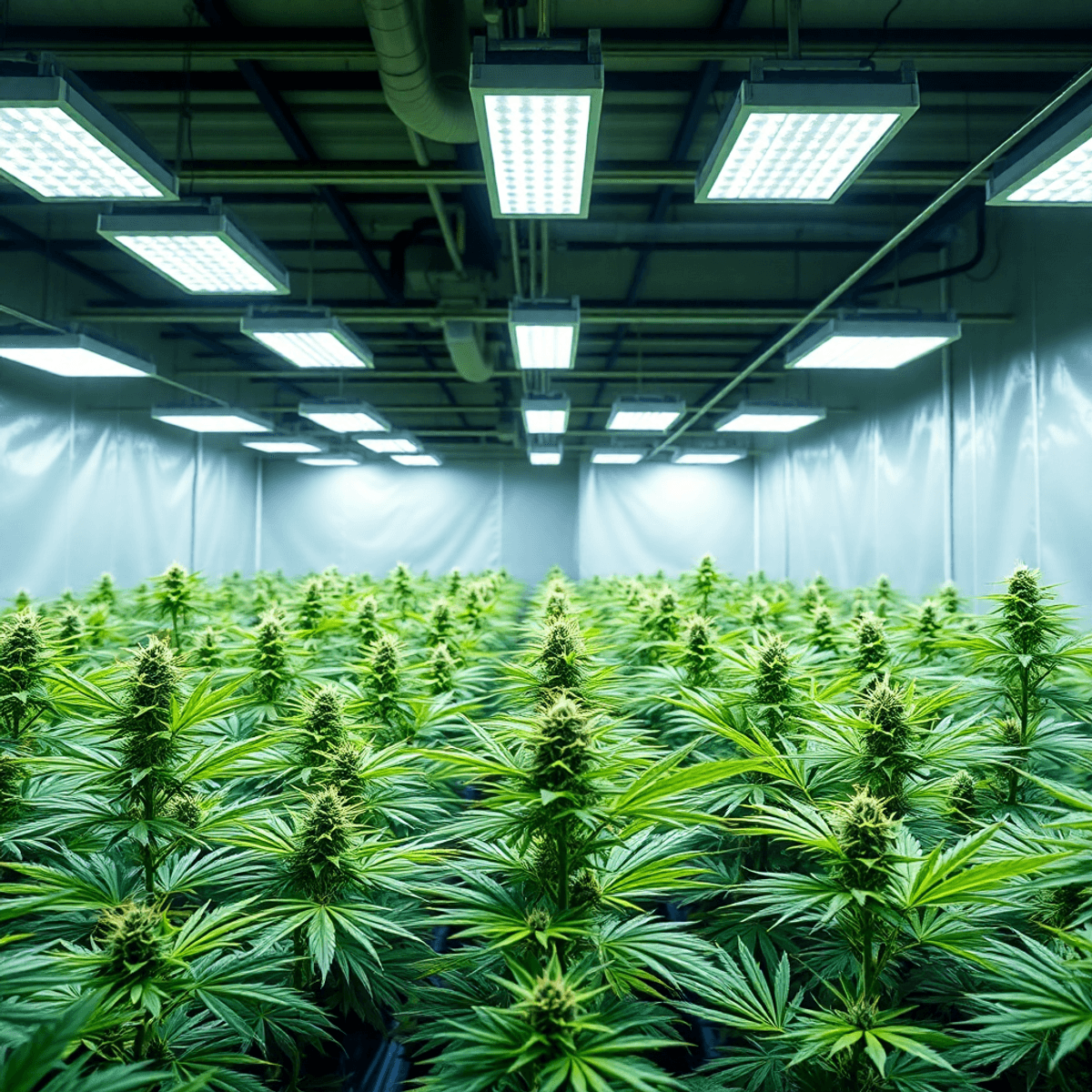 Indoor cannabis farm with vibrant green plants under bright grow lights in a clean, modern cultivation facility.