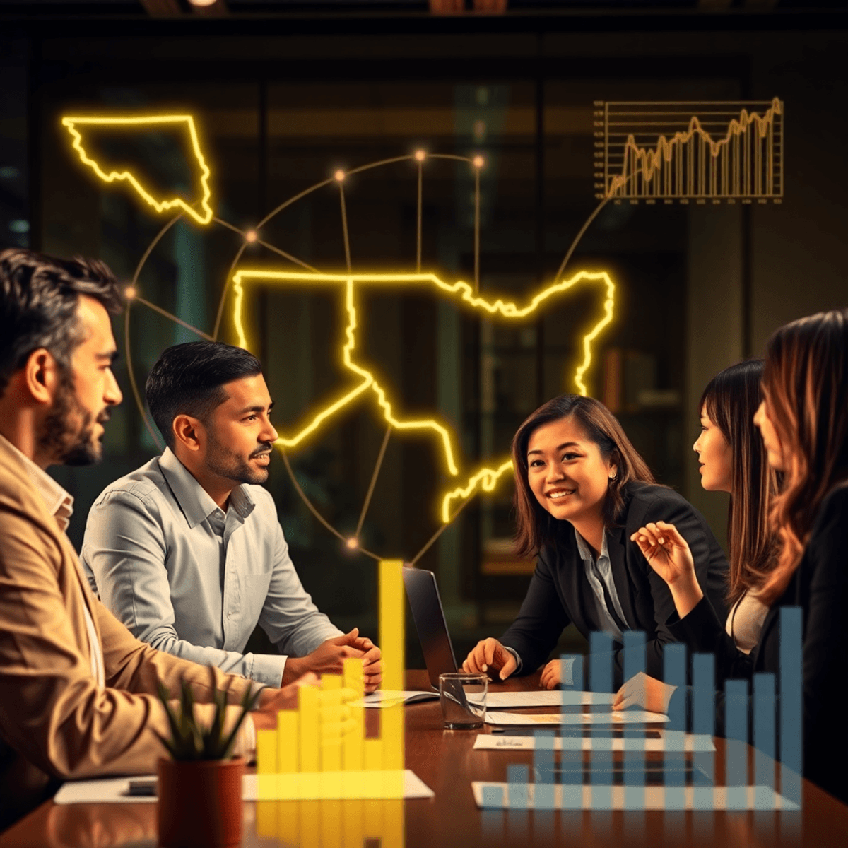 Businesspeople collaborating in an office with glowing state outlines and financial graphs, symbolizing multi-state cannabis industry operations and transfer pricing.