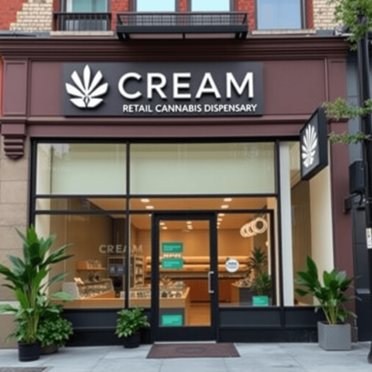 Modern cannabis dispensary storefront with "CREAM Retail Cannabis Dispensary" signage, greenery, and eco-friendly elements in an urban downtown setting.