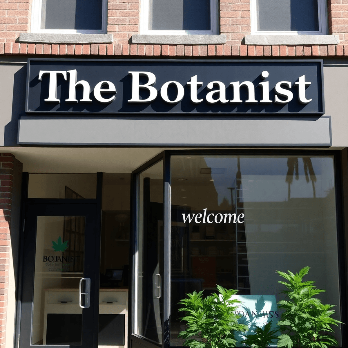 Bright cannabis dispensary storefront "The Botanist" with green plants and modern design in natural daylight.