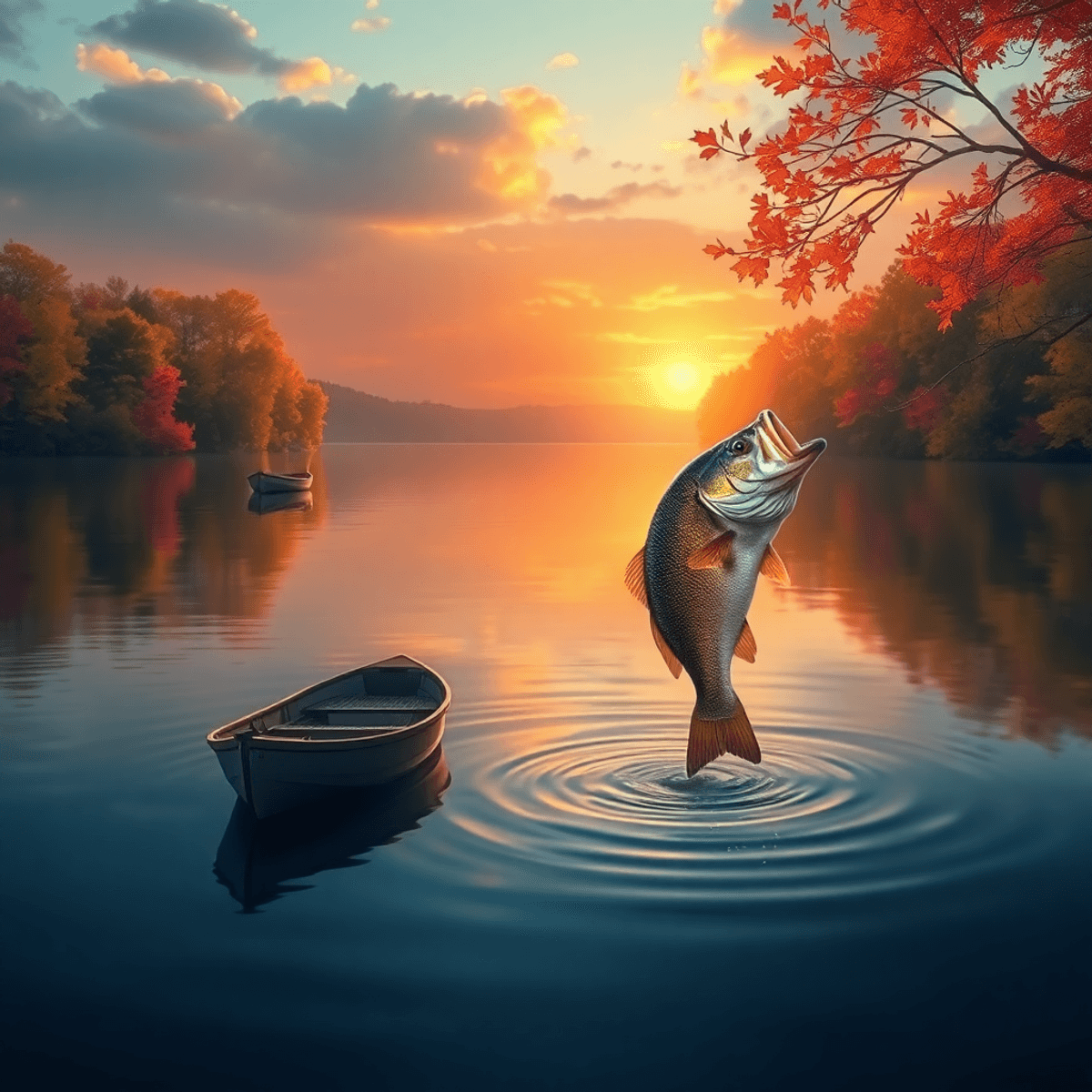A tranquil autumn lake at sunrise with colorful leaves reflecting on calm water, a fishing boat floating, and a bass jumping near the surface.