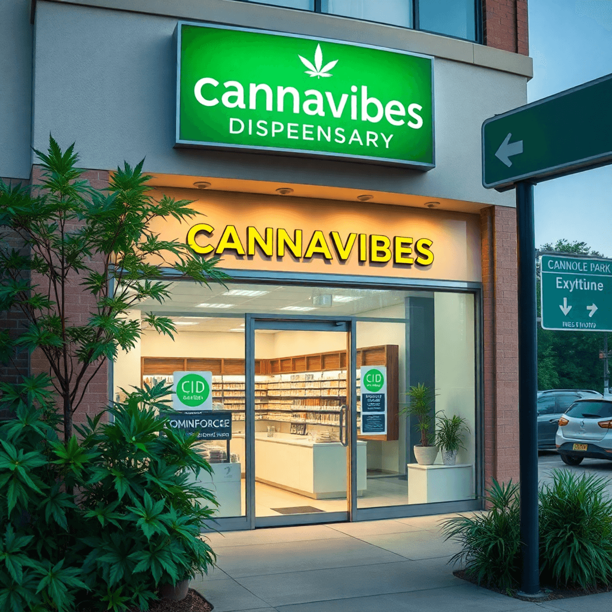 Modern cannabis dispensary storefront with clear signage, surrounded by lush plants, bright atmosphere, near a highway exit sign for easy access.