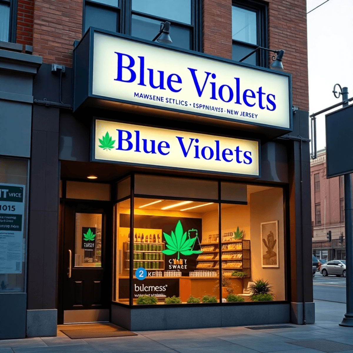 Modern cannabis dispensary "Blue Violets" storefront in Hoboken with urban surroundings and subtle legal symbols reflecting regulatory success.