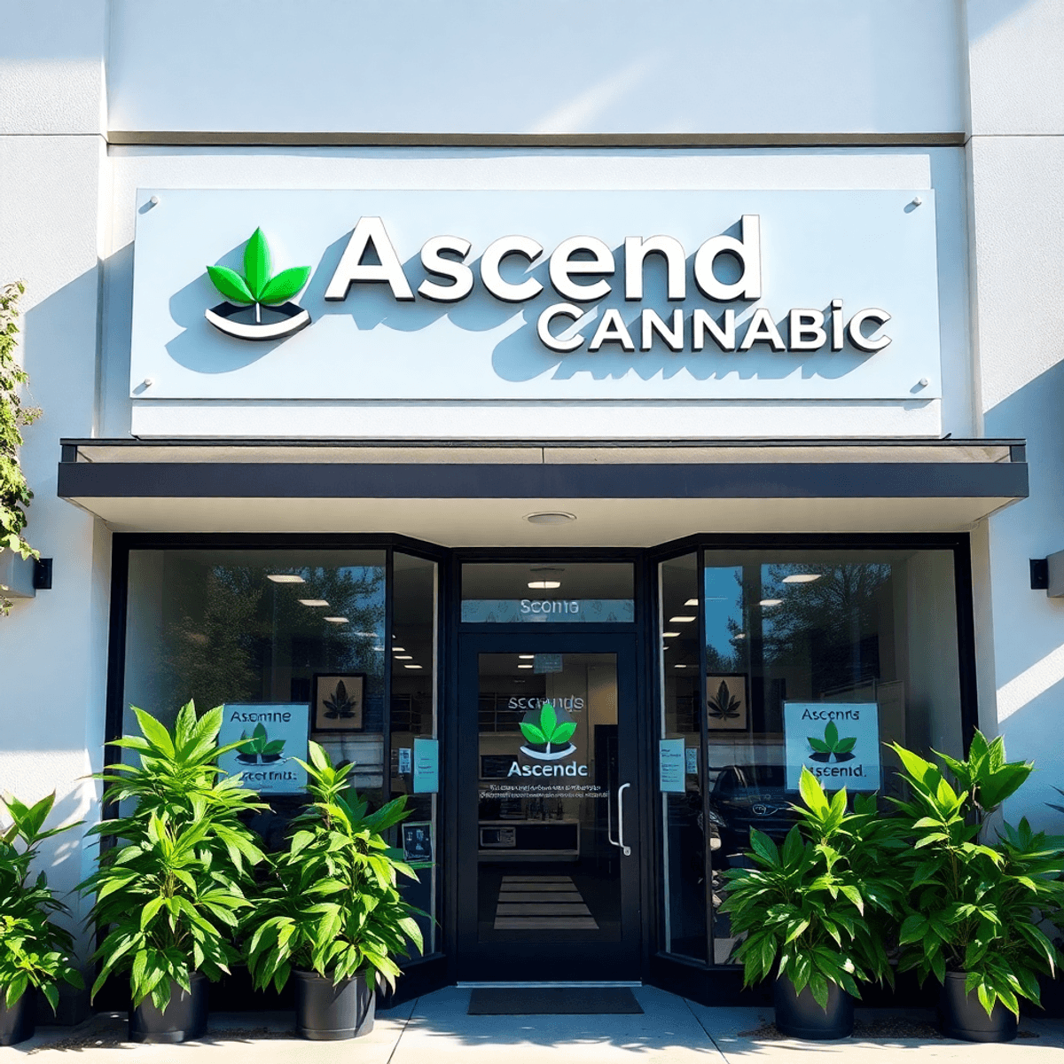 Modern cannabis dispensary storefront "Ascend Cannabis" with green plants and bright daylight, showcasing a welcoming and professional entrance.