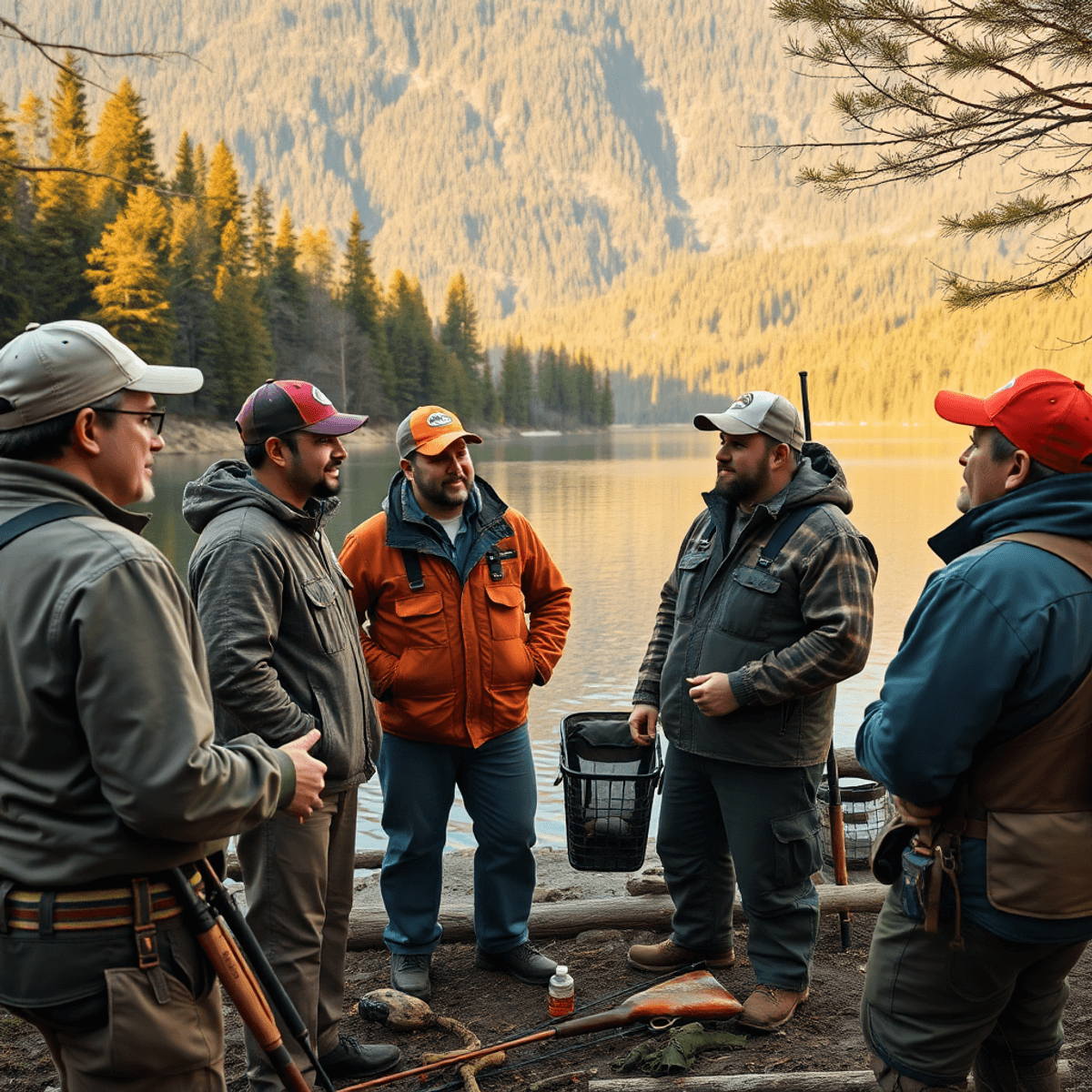 A group of fishing and hunting guides talk by a peaceful lake surrounded by forest, with fishing rods, hunting gear, and wildlife in warm natural light.