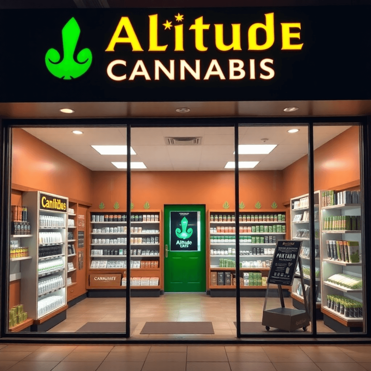 Bright cannabis dispensary storefront with green and gold "Altitude Cannabis" sign, shelves of products, warm lighting, and a welcoming atmosphere.