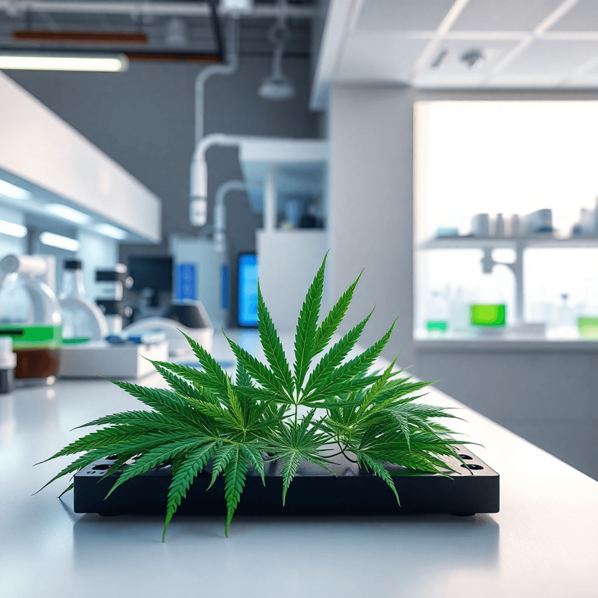 Modern pharmaceutical lab with advanced testing equipment and hemp leaves on bench, bright and professional atmosphere.