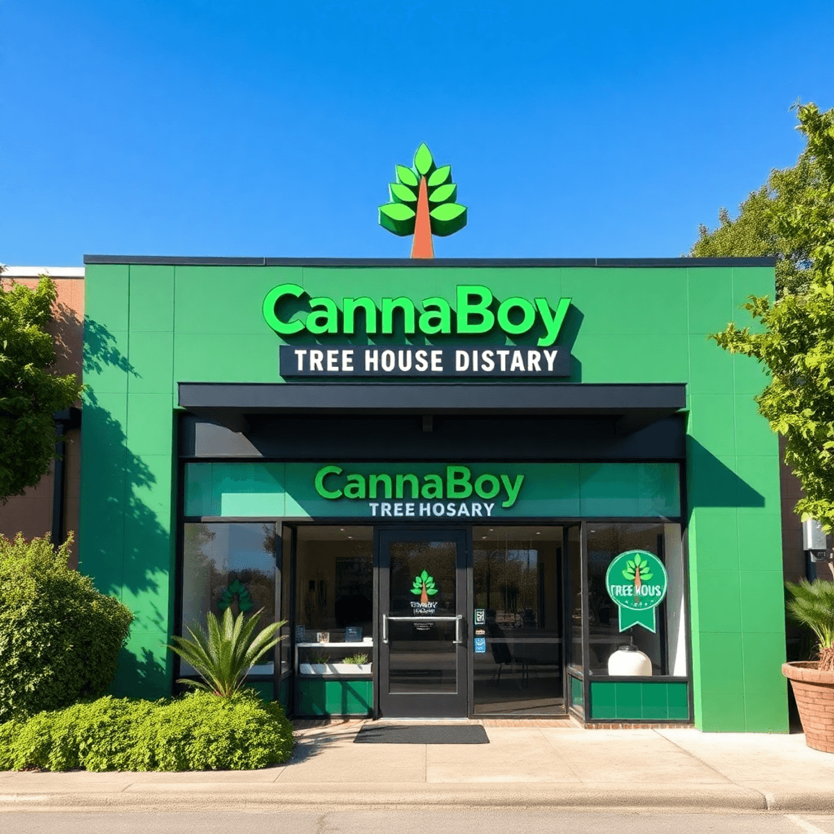 Modern cannabis dispensary storefront with green accents, "CannaBoy TreeHouse Dispensary" sign, lush greenery, and clear blue sky.