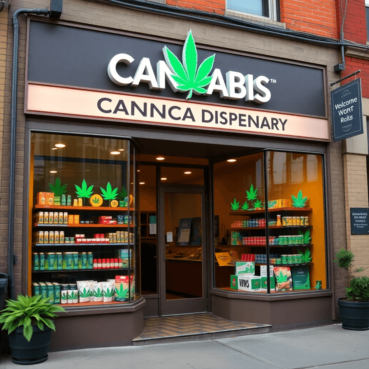 Modern cannabis dispensary storefront with product displays, community and women empowerment symbols, set in a lively New Jersey neighborhood.