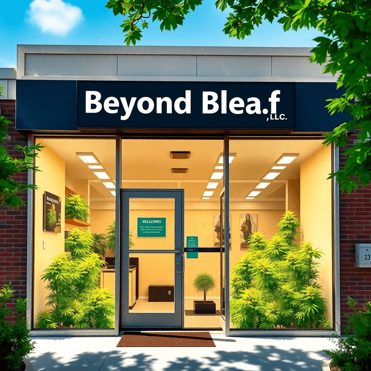 Bright cannabis dispensary storefront with lush plants visible through large windows, clear "Beyond Bleaf, LLC" sign, in a sunny neighborhood setting.