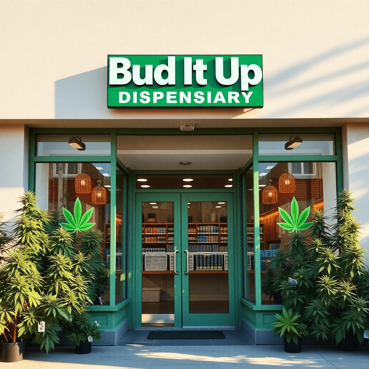 Front view of a modern cannabis dispensary with green decor, clear "Bud It Up Dispensary" sign, surrounded by lush plants and warm sunlight.