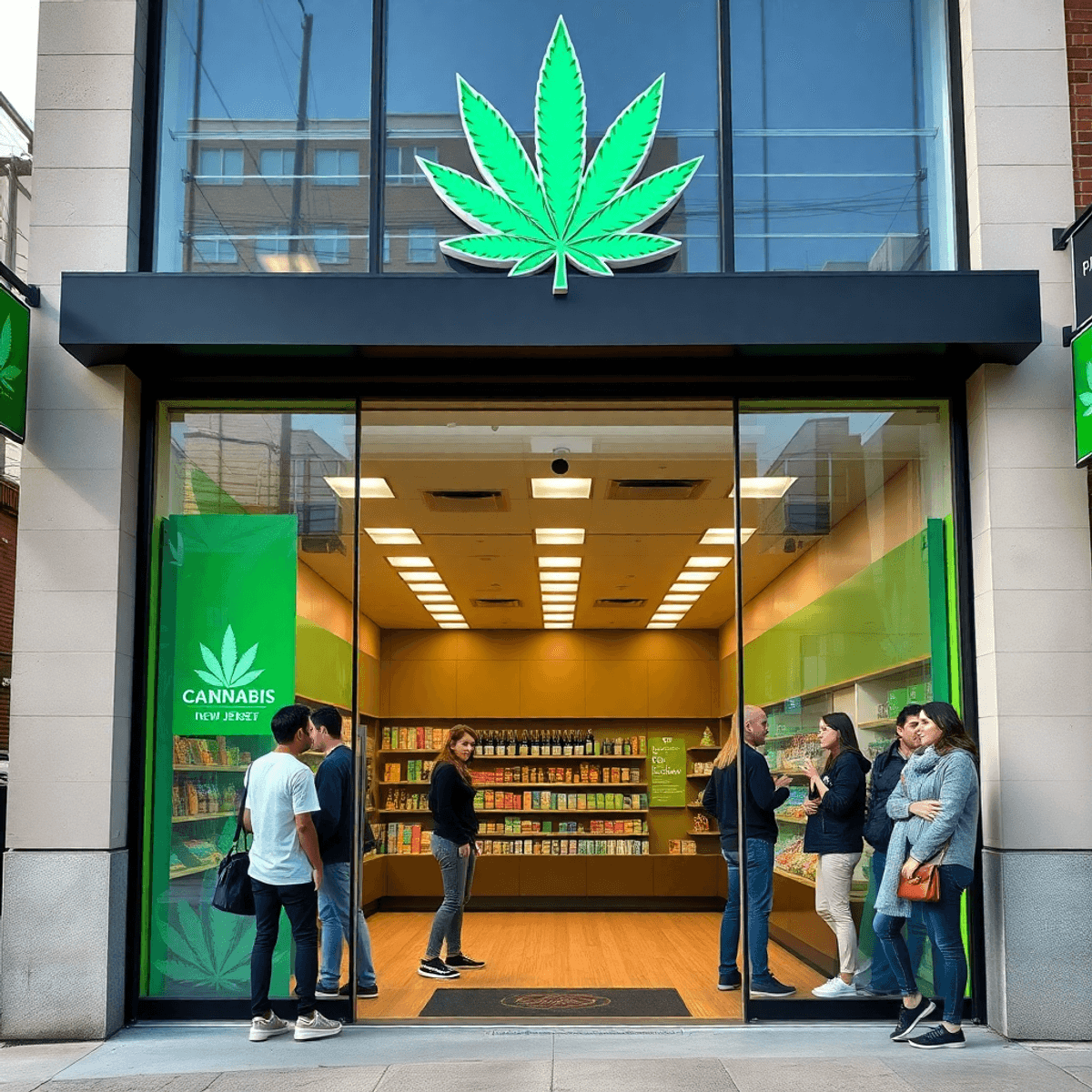 Modern cannabis dispensary storefront with green leaf signage, shelves filled with products, and happy customers browsing inside in a bright urban setting.