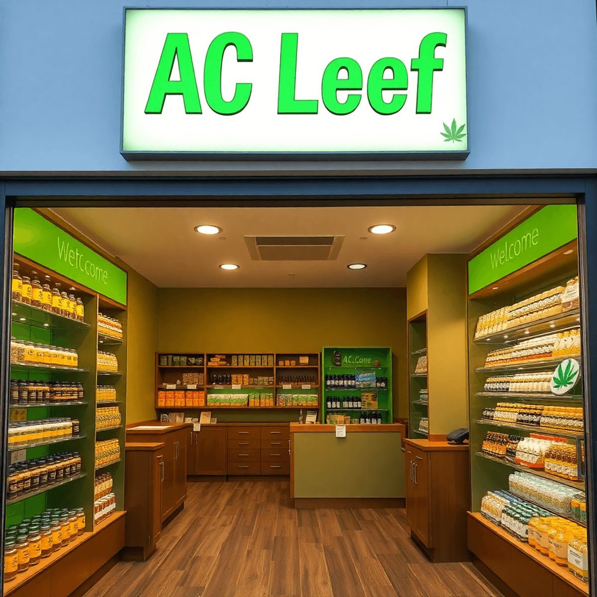 Bright cannabis dispensary storefront in Atlantic City with green accents, "AC Leef" signage, and shelves filled with cannabis products inside.