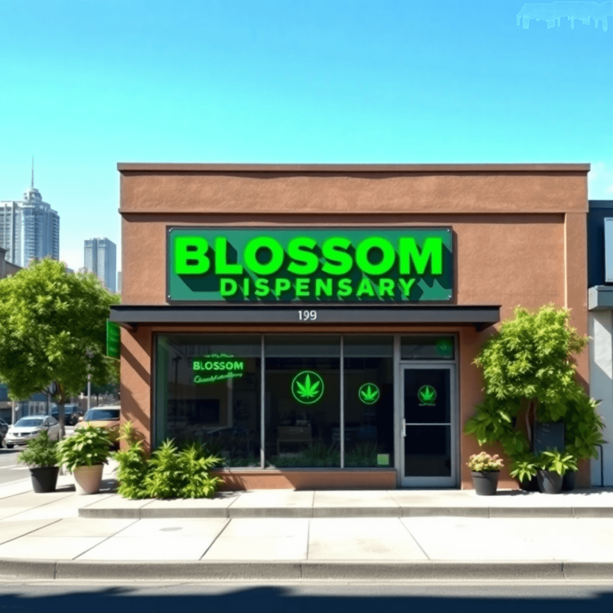 Modern cannabis dispensary storefront with vibrant green "Blossom Dispensary" sign, lush plants, and Jersey City skyline under clear blue sky.