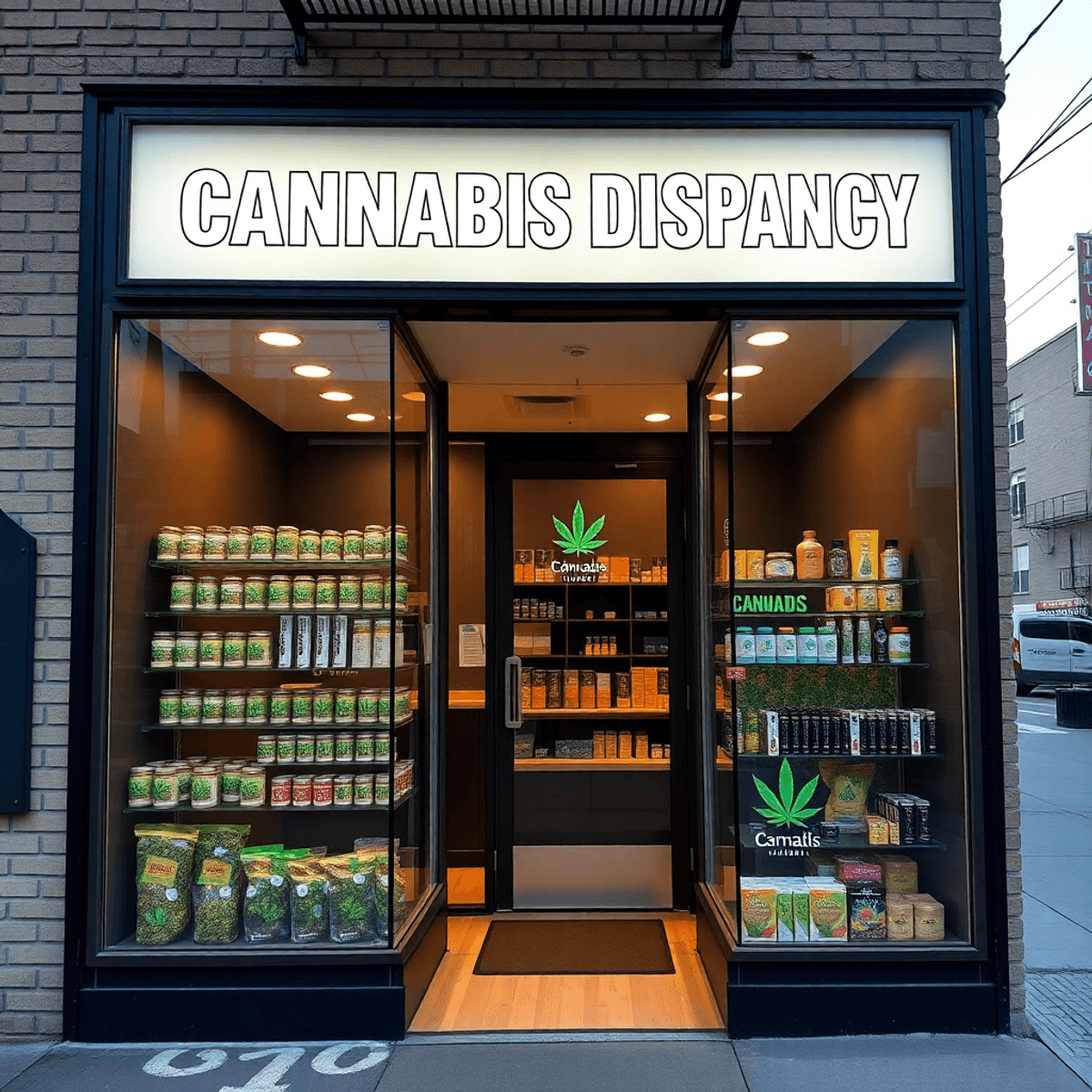 Modern cannabis dispensary storefront in urban Newark, displaying flower jars, pre-rolls, vape pens, and edibles on shelves inside.